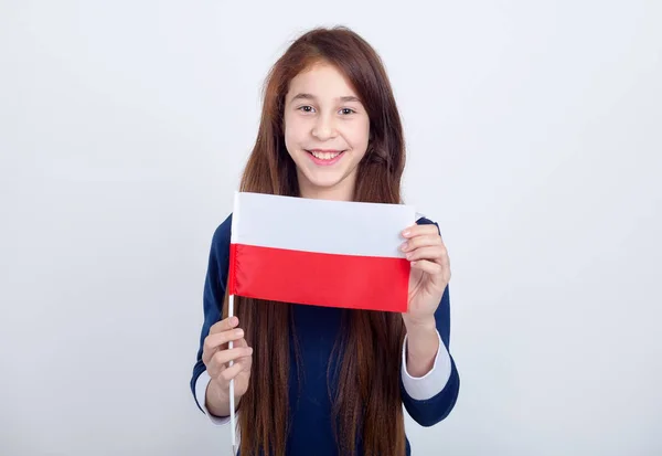 Retrato Una Niña Pelirroja Con Bandera Polonia Sobre Fondo Gris — Foto de Stock