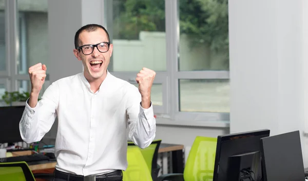 Success Business Man Happy Result Student Office Worker Expresses Emotions — Stock Photo, Image