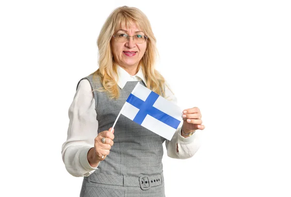 Madura Mujer Feliz Gafas Con Bandera Finlandia Sobre Fondo Blanco — Foto de Stock