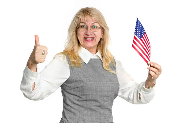 Mature Woman Usa Flag Showing Thumbs Isolated White Background — Stock Photo, Image