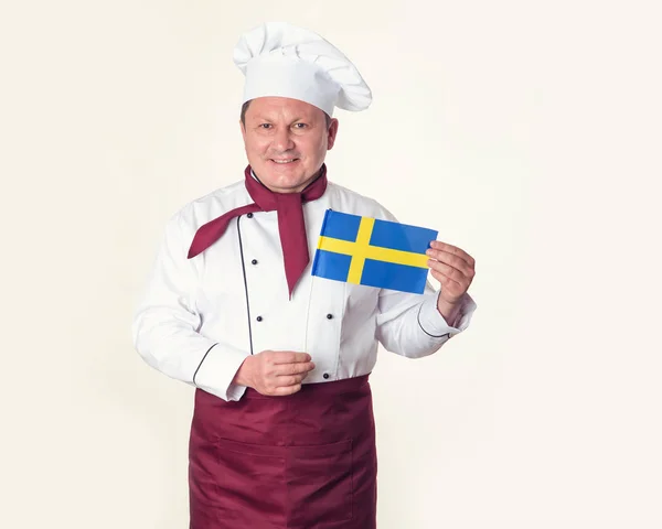 Chef Cuisinier Uniforme Avec Drapeau Suède Cuisine Scandinave — Photo