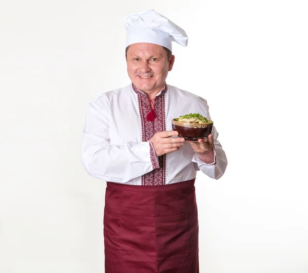 Chefe Tem Bolinhos Saborosos Nas Mãos Homem Cozinheiro Roupas Nacionais — Fotografia de Stock
