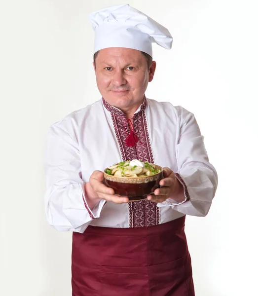 Chef Garde Savoureuses Boulettes Dans Ses Mains Cuisinier Vêtements Nationaux — Photo
