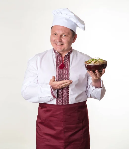 Chefe Tem Bolinhos Saborosos Nas Mãos Homem Cozinheiro Roupas Nacionais — Fotografia de Stock