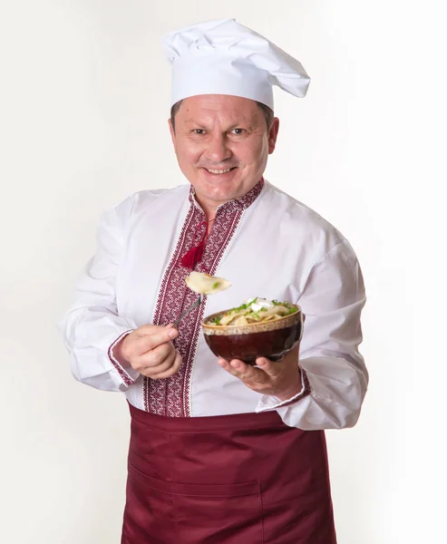 Chef Garde Savoureuses Boulettes Dans Ses Mains Cuisinier Vêtements Nationaux — Photo