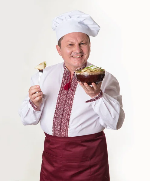 Chef Houdt Smakelijke Dumplings Zijn Handen Cook Man Slavische Nationale — Stockfoto