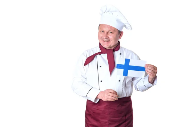 Mature Mâle Cuisinier Avec Finlande Drapeau Isolé Sur Fond Blanc — Photo