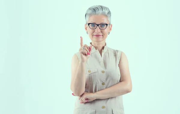 Attention Portrait Female Teacher Glasses Light Blue Background Beautiful Mature — Stock Photo, Image