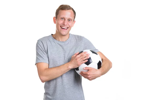 Счастливый Молодой Человек Держит Футбольный Мяч Белом Фоне Футбольный Фанат — стоковое фото