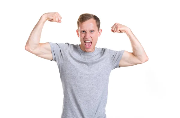 Young Strong Man Shows Muscles His Hands Isolated White Background — Stock Photo, Image