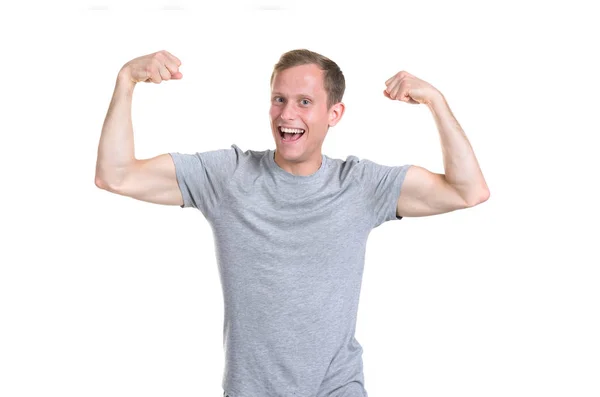 Young Strong Man Shows Muscles His Hands Isolated White Background — Stock Photo, Image