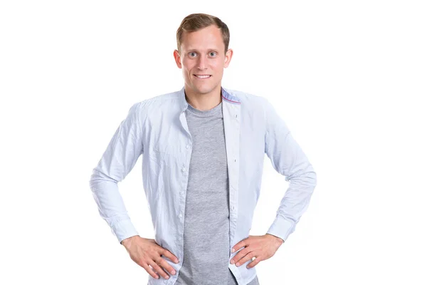 Ung Modern Man Lätt Skjorta Isolerad Vit Bakgrund — Stockfoto