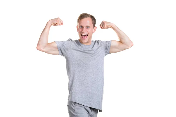 Giovane Uomo Forte Mostra Muscoli Sulle Mani Isolate Uno Sfondo — Foto Stock