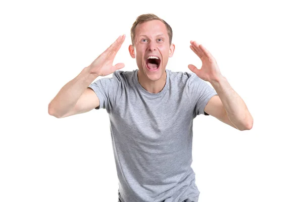 Screaming Young Man Gray Shirt Isolated White Background Call Action — Stock Photo, Image