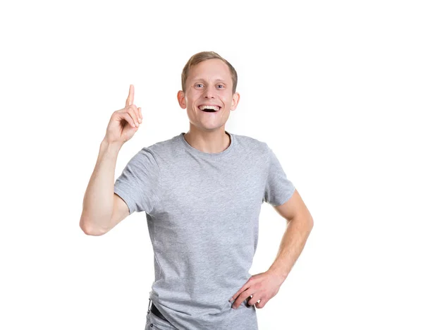 Point Young Man Gray Shirt Showing Thumb Isolated White Background — Stock Photo, Image