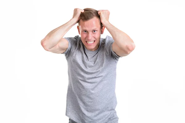 Headache Young Man Gray Shirt Screaming Holding His Head Isolated — Stock Photo, Image