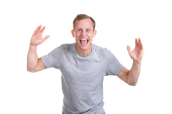 Happy Screaming Young Man Gray Shirt Isolated White Background Call — Stock Photo, Image
