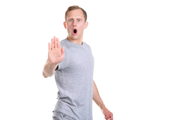 Prohibition Young Man Screams Shows Stop Gesture Isolated White Background — Stock Photo, Image