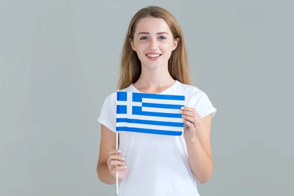 Young Woman Greece Flag Hand Isolated Gray Background Travel Education — Stock Photo, Image