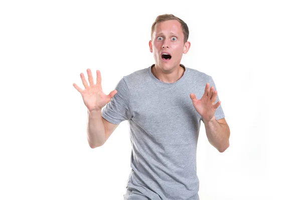 Young Man Shock Scared What Saw Isolated White — Stock Photo, Image