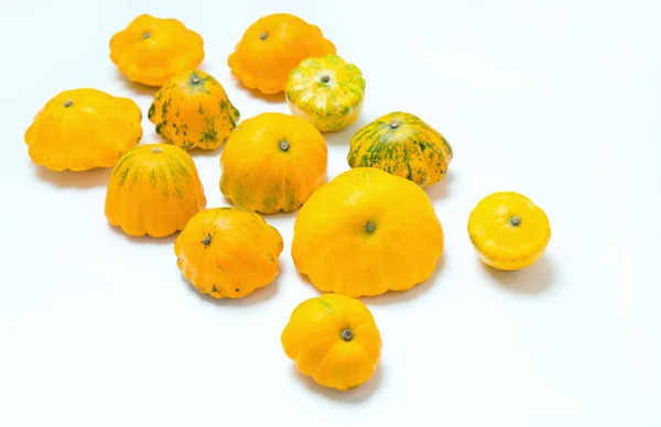 Doce Verduras Calabaza Amarillas Grupo Calabazas Pattypan Sobre Fondo Mesa — Foto de Stock