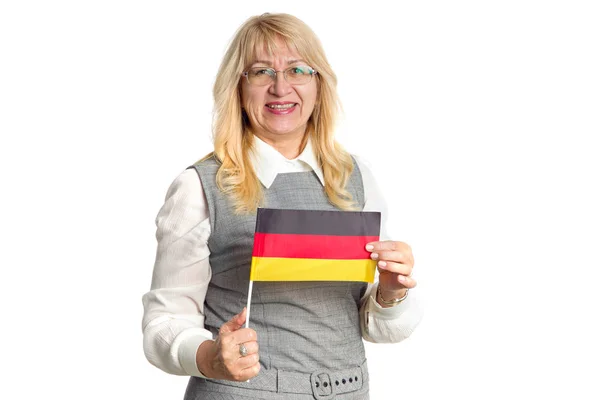 Učitel Šťastná Dospělá Žena Německou Vlajkou Která Těší Kameru Izolovaná — Stock fotografie