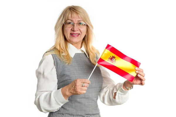 Happy Mature Woman Spain Flag Looking Forward Camera Isolated White — Φωτογραφία Αρχείου