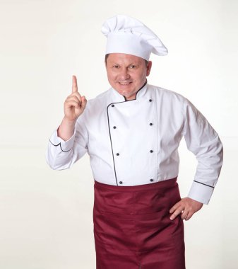 Portre şefi parmağını gösteriyor. Yemek pişirmek - İyi fikir.