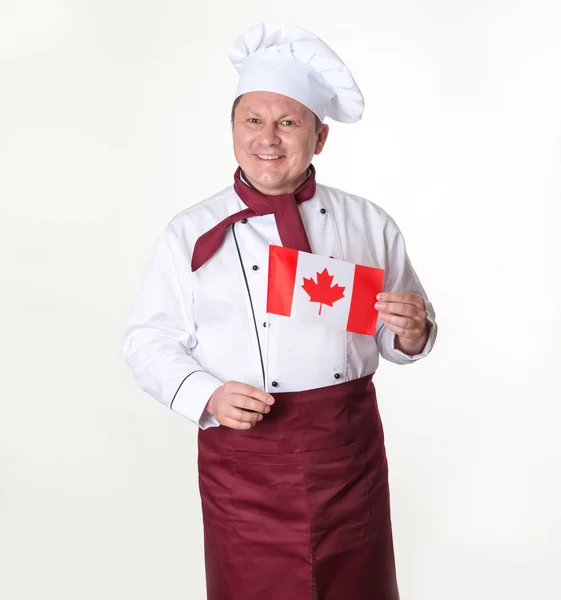 Πορτρέτο Ενός Ώριμου Αρσενικού Μάγειρα Σημαία Καναδά Στέκεται Ένα Ελαφρύ — Φωτογραφία Αρχείου