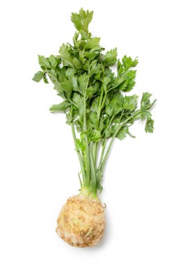 Üst görünüm kereviz kökü ve sapı beyaz arkaplan üzerinde.