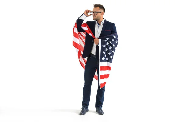 Businessman Patriot Holding Proudly Usa Flag Handsome Man Glasses Shirt — Stock Photo, Image