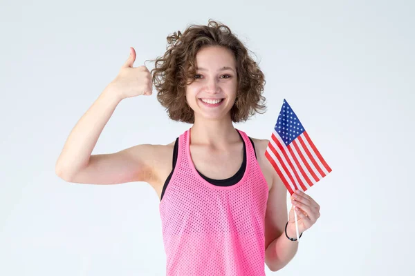Happy Young Girl Holding Usa Flag Gray Background — Stock Photo, Image