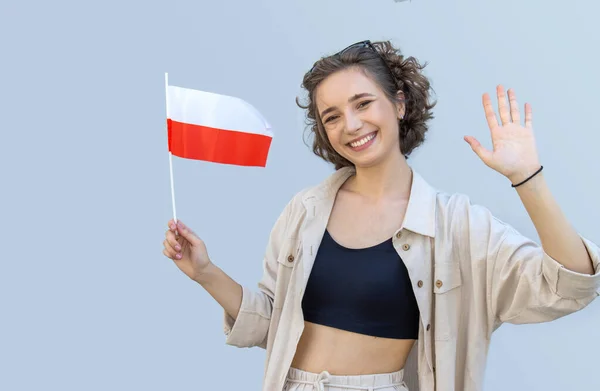 Alô Mulher Bonita Nova Com Cabelo Encaracolado Com Bandeira Polônia — Fotografia de Stock