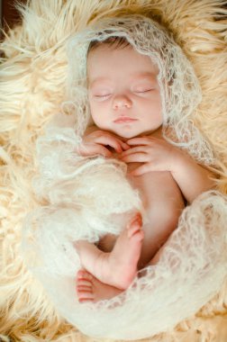 örme kumaş sarılmış uyuyan bebek sepet içinde kürk yatıyor