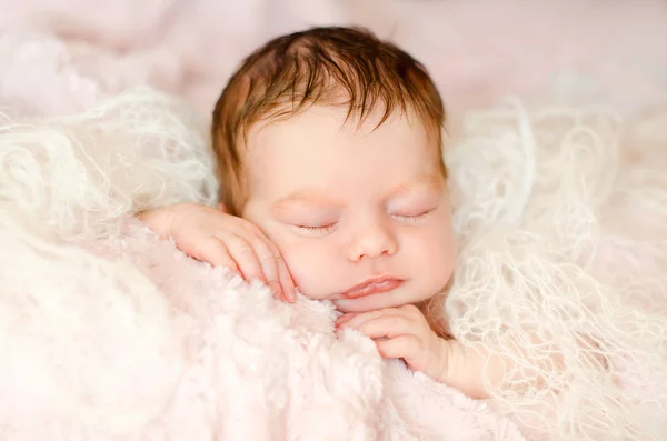 Newborn Sleeping Baby Girl Wrapped Knitted Material Lying Soft Fluffy — Stock Photo, Image