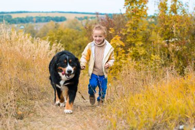 Sonbahar çayır on ile büyük köpek yürüyüş için etrafta çocuk