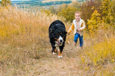 Sonbahar çayır on ile büyük köpek yürüyüş için etrafta çocuk