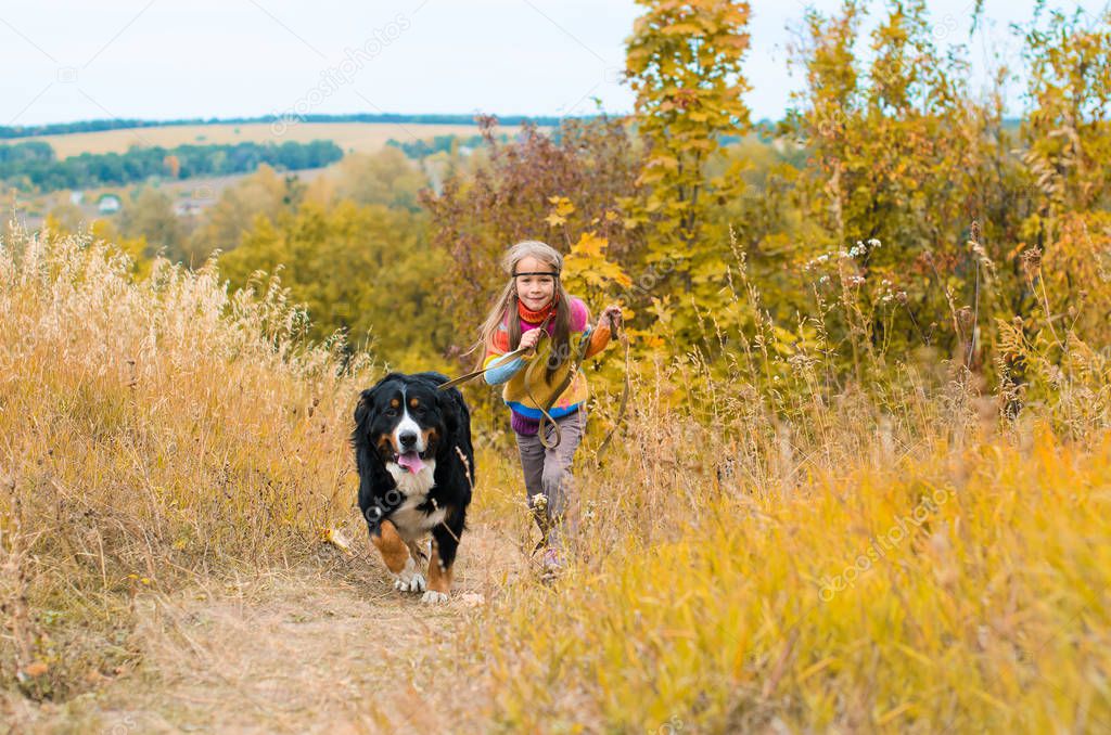 girl running with big dog for walk on autumn meadow
