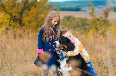 kardeşim ve kız kardeşi üzerinde yüceliğini köpek arkadaşı ile sonbahar çayır nın Sennenhund yürümek