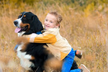 sevimli çocuk onun köpek yürümek-den geçerek sonbahar çayır nın Sennenhun sarılma sarı ceketli