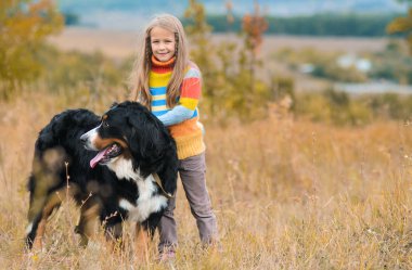 yürüyüşte kız dört-uzun bacaklı arkadaşı üzerinde sonbahar nın Sennenhund alanları