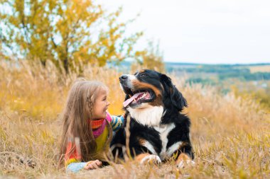 sonbahar üzerinde büyük köpek yanındaki kız yalan nın Sennenhund yürümek