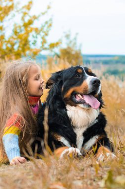 sonbahar üzerinde büyük köpek yanındaki kız yalan nın Sennenhund yürümek