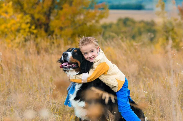 Cute Boy Yellow Jacket Hugging His Dog Walk Autumn Meadow — Stock Photo, Image