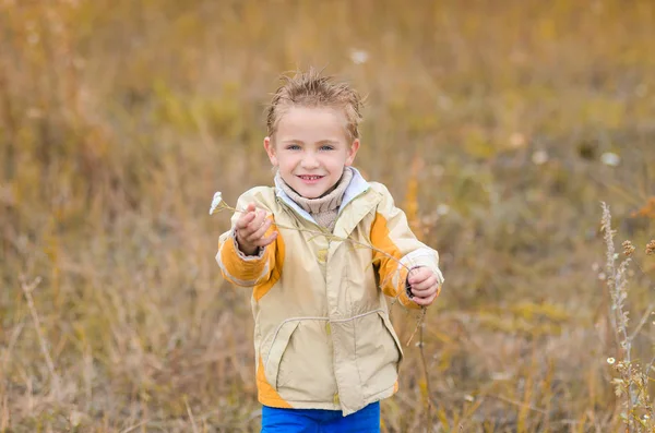 Lindo Niño Chaqueta Amarilla Para Caminar Prado Otoño — Foto de Stock