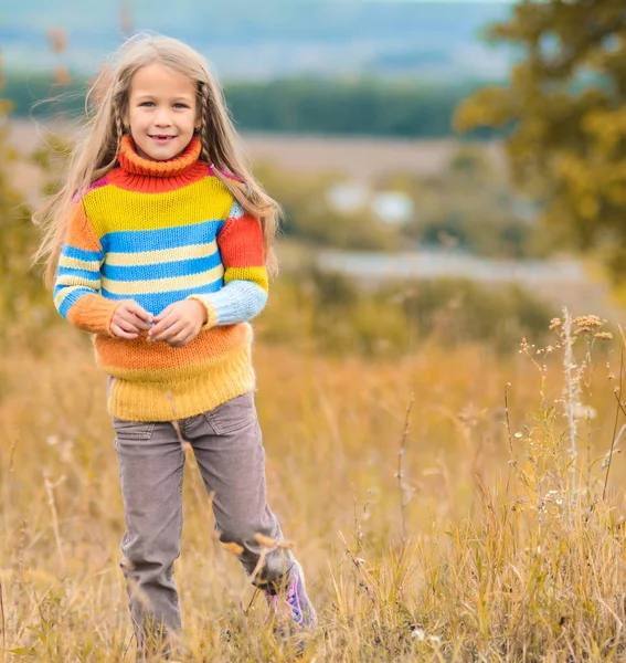 Portrait Belle Fille Mignonne Vêtements Sur Fond Nature Automne — Photo