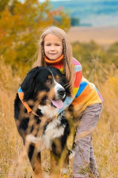 Girl Hugs Dog Walk Her Four Legged Friend Autumn Fields — Stock Photo, Image