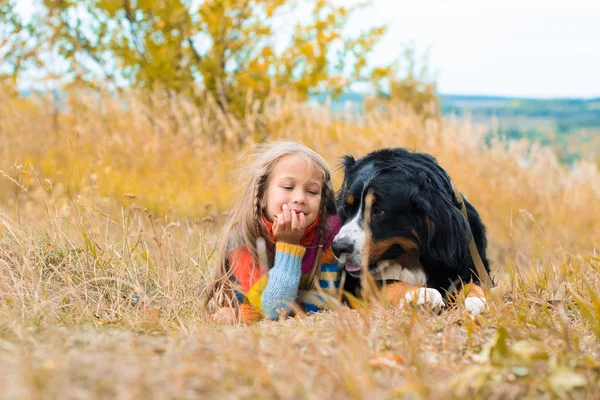 sonbahar üzerinde büyük köpek yanındaki kız yalan nın Sennenhund yürümek