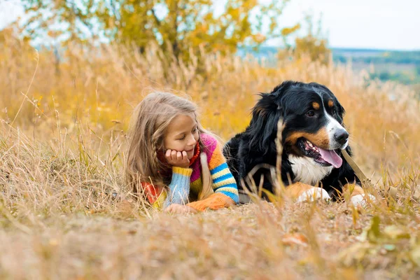 Girl Lies Next Big Dog Autumn Walk Berner Sennenhund — Stock Photo, Image