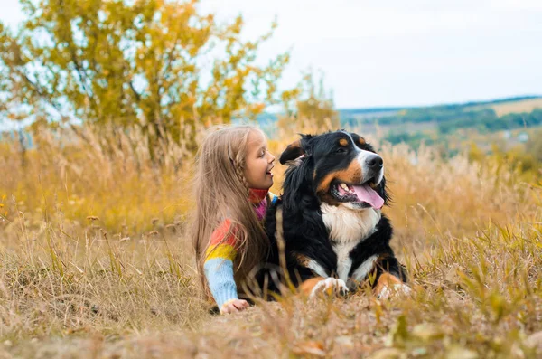 Girl Lies Next Big Dog Autumn Walk Berner Sennenhund — Stock Photo, Image
